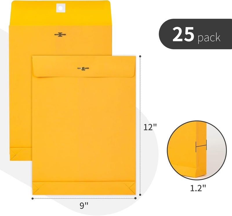 GIGYES Expandable Manilla Envelopes 9 x 12 with Reusable Clasp and Gummed Seal 25 Pack, 180 GSM Large Capacity Manilla Folders 8.5 x 11 Envelopes Mailing, for Home School Office Filing and Storing - Image 2